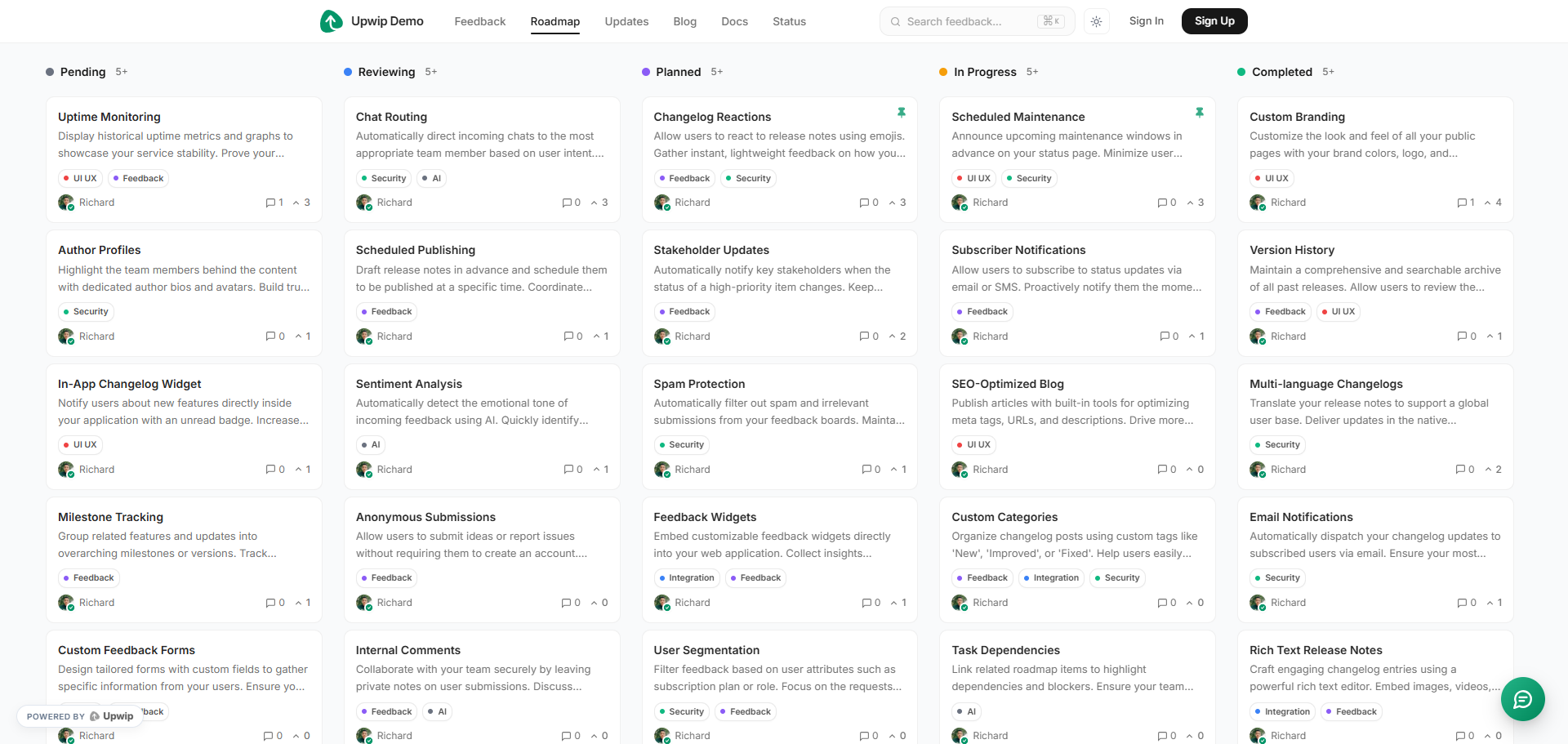Upwip Product Management Platform Dashboard